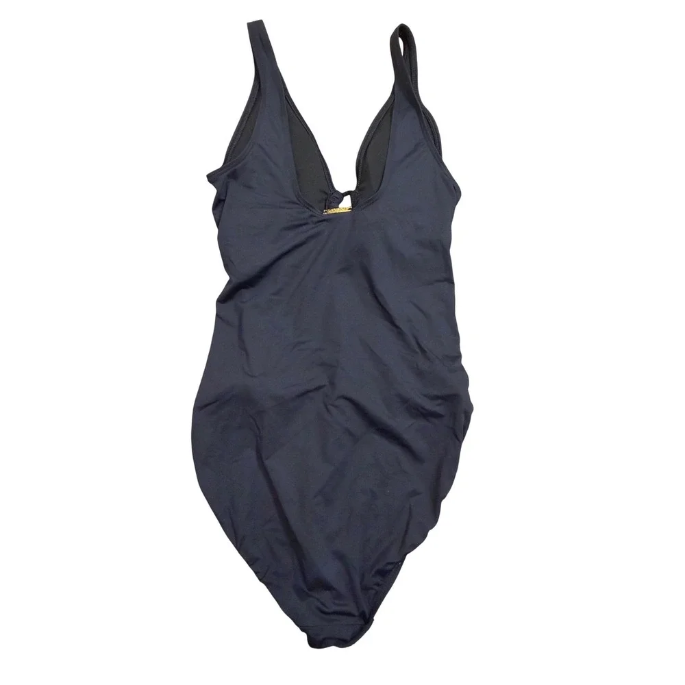 Lauren Ralph Lauren Black Ruched V-Neck One Piece Swimsuit Size 10